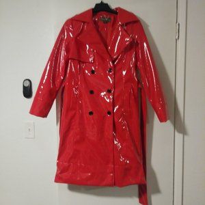 Red patent long trench coat